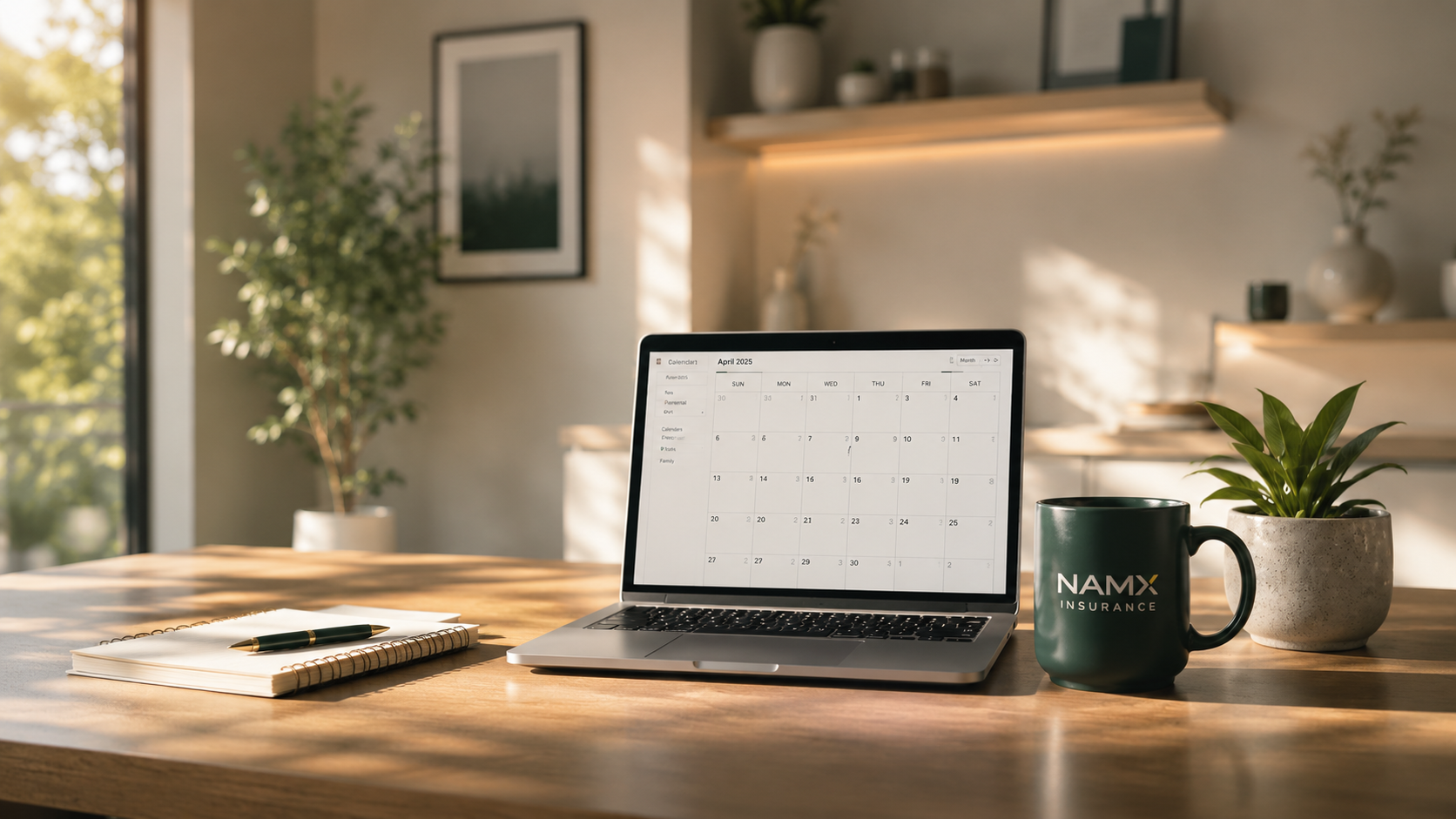 A laptop showing a calendar beside a NAMX mug and a plant